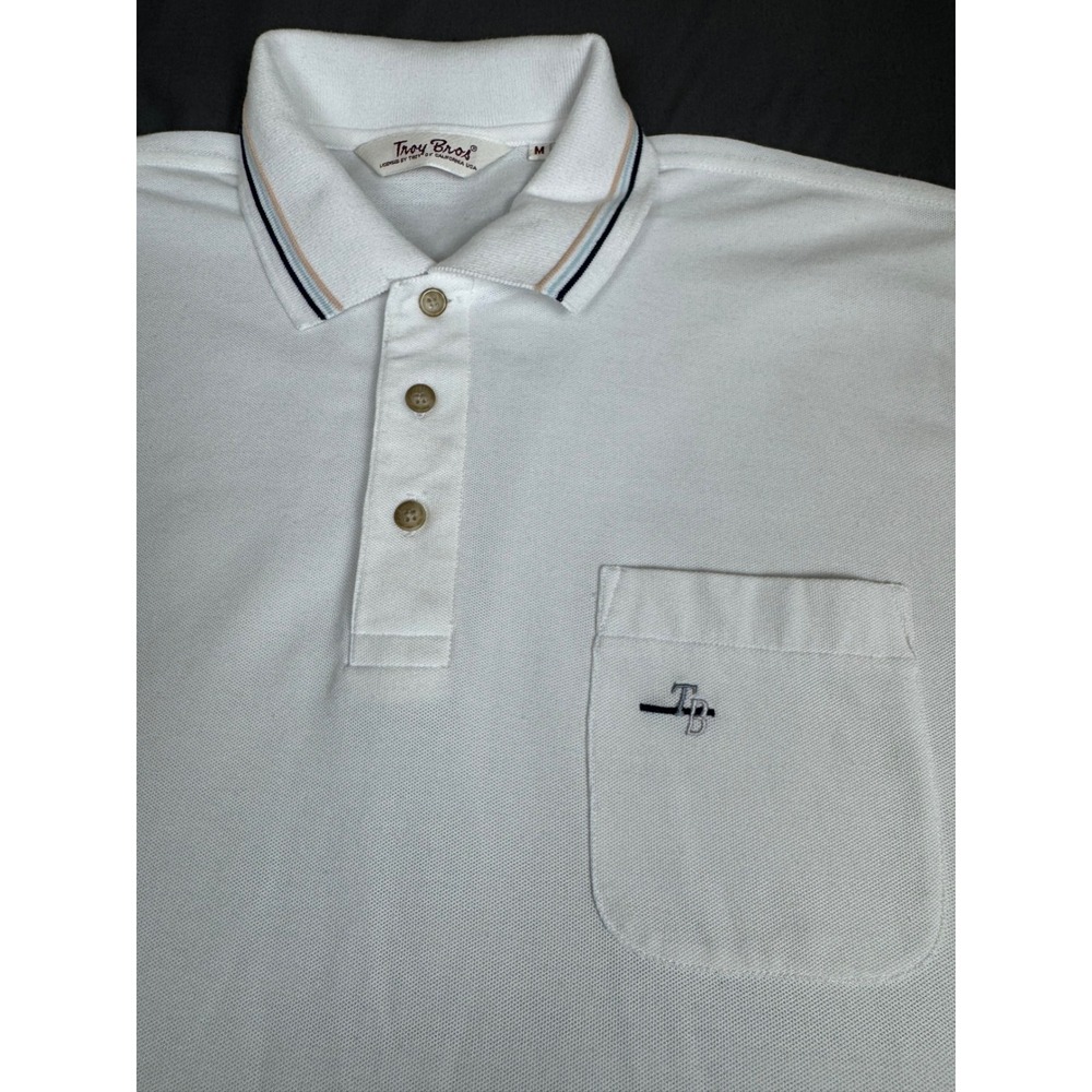 Vintage Troy Bros White Short Sleeve Polo Shirt Striped Collar Mens Medium - Picture 8 of 13